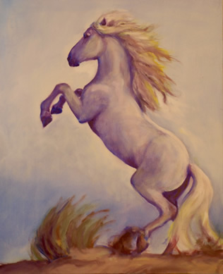 Camargue Dressage Stallion Rearing, oil on masonite, Karen Brenner