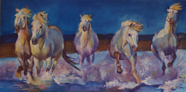 Camargue - Five Galloping in the Sea - oil painting by Karen Brenner