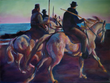 Camargue - Les Guardian Sunset Ride - oil painting by Karen Brenner