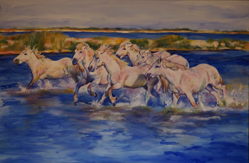 Camargue Morning Splash - by equine artist Karen Brenner - Oil Painting