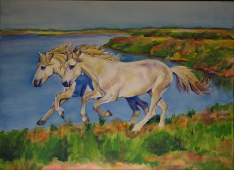 Camargue - Two Stallions Running in Front of Lake, 18x24, oil painting by Karen Brenner