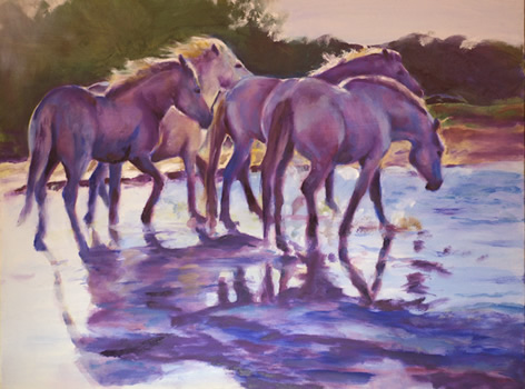 Camargue-Backlit in the Shallows - oil painting by equine artist Karen Brenner