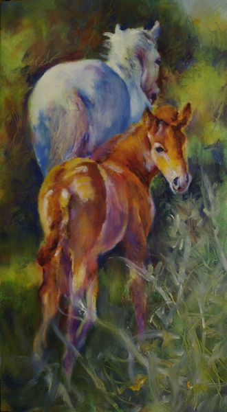 Mares and Foals series - Looking Back, painting by Karen Brenner