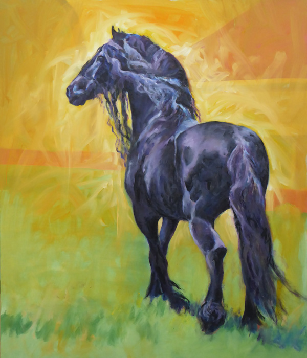 Anton Glow, Friesian Stallion oil painting on masonite, 23 3/8 x 27 3/4, Horse painting by equine artist Karen Brenner