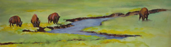 Buffalo Along Lamar River, oil painting by Karen Brenner
