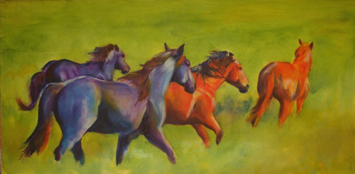 IC Hancocknsmokinblu - Blue Roan Quarter Horse Stallion with part of his herd - painting by Karen Brenner
