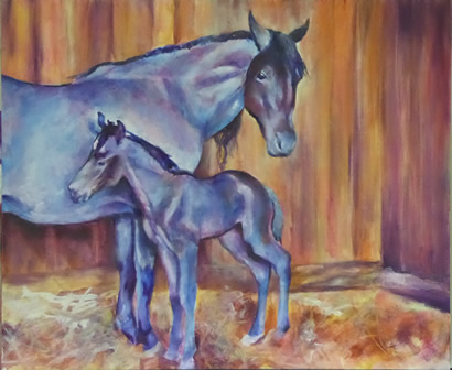 IB Blue Lady GaGa - one day old blue roan TWH filly - painting by Karen Brenner