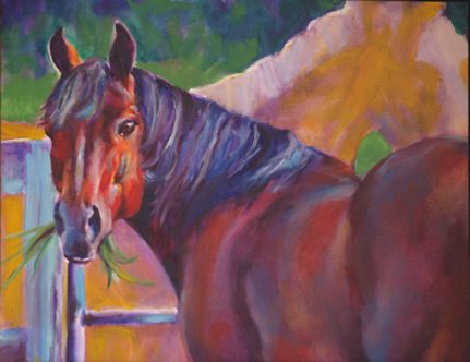 Hay Now Lil Diablo - Bay AQHA - oil painting by Karen Brenner