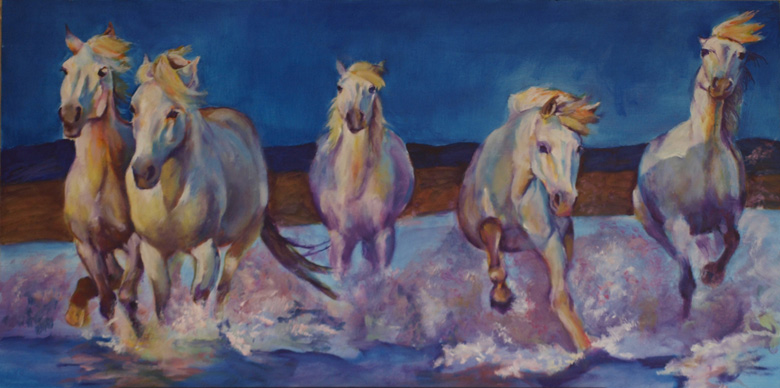 Camargue - Four running in the sea - oil painting by Karen Brenner